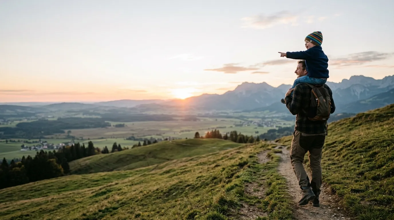 A father walks up an alpine hill at sunset with his laughing child on his shoulders, pointing at the horizon.